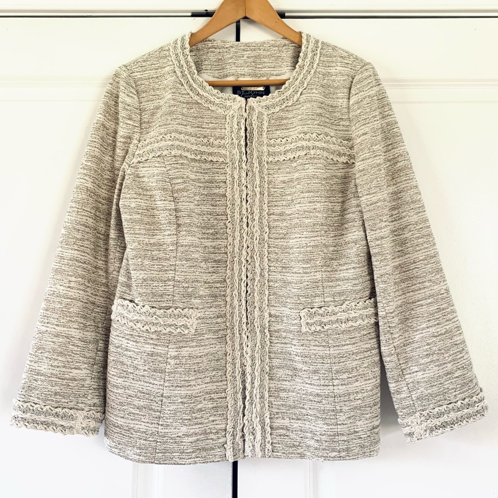 St. John Couture Sz 12 Textured Jacket Cream Evening Topper Tweed Blazer Large